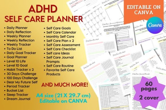 Download ADHD Self Care Planner - Canva Template - Adhd self care planner Collection